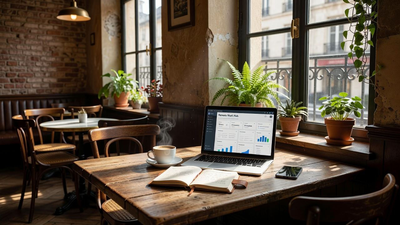 Person working on laptop in a European cafe with a cappuccino