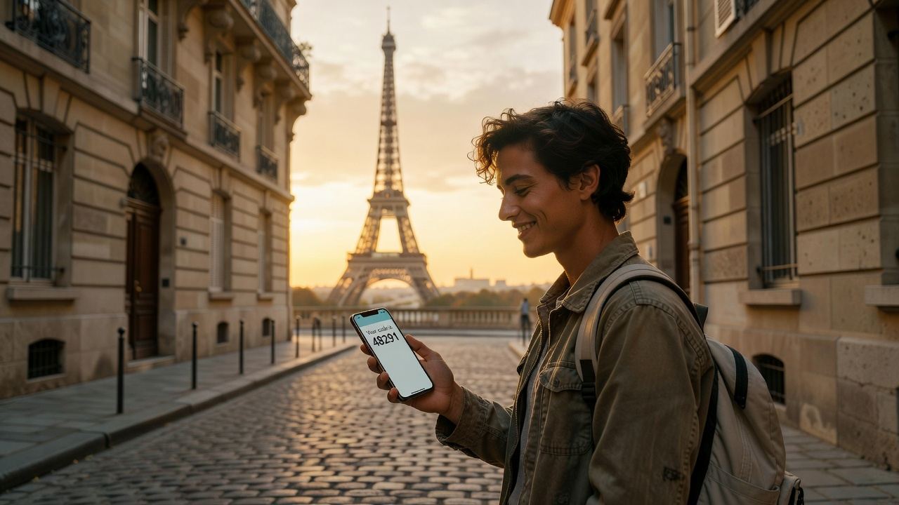 Traveler in Paris using eSIM with French phone number