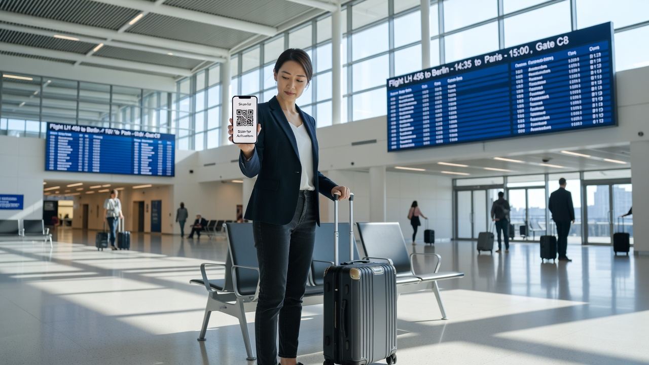Travelers arriving at a European airport terminal with luggage