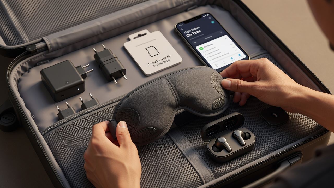 Bluetooth sleep mask being packed in a travel suitcase