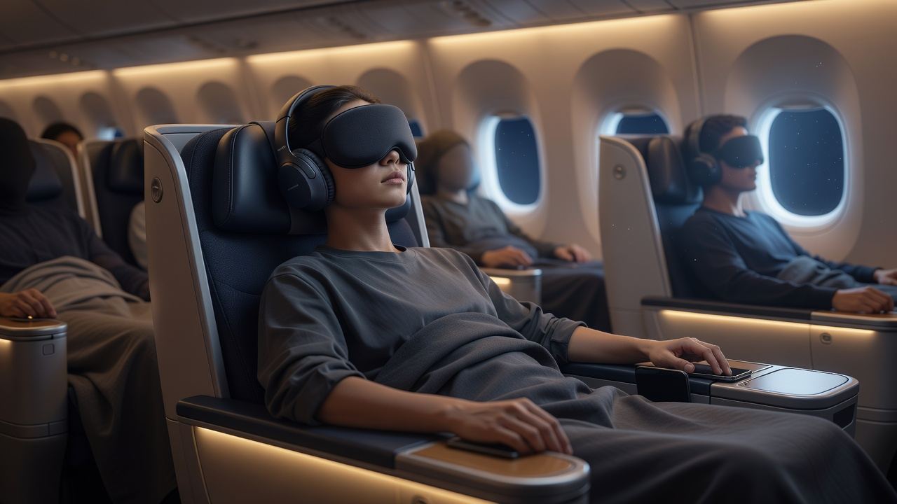 Traveler wearing a Bluetooth sleep mask on a plane